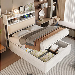 Avis STILVORA Lit simple 90/200 cm blanc en métal bois et tissu avec rangement hydraulique et ports USB
