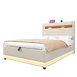 Avis STILVORA Lit capitonné 90/200 cm beige en lin avec LED rangement et ports USB Type-C