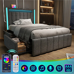 STILVORA Lit simple rembourré 90/200 cm gris en lin avec LED USB Type-C et 2 tiroirs pas cher