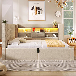 Acheter STILVORA Lit rembourré 90/200 cm beige en lin avec LED rangement et matelas