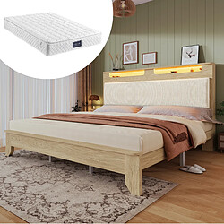 Avis STILVORA Lit double 140/200 cm beige et chêne clair en bois et velours côtelé avec LED et rangement