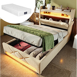 Avis STILVORA Lit simple 90/200 cm beige en lin avec LED 360° et rangement