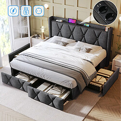 STILVORA Lit double 140/200 cm gris en lin avec USB prises et 4 tiroirs pas cher