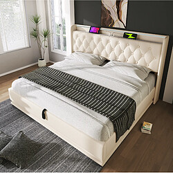 Acheter STILVORA Lit double 160/200 cm blanc en PU avec LED 360° rangement et matelas