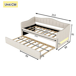 STILVORA Lit de jour 90/200 cm beige en lin avec lit gigogne et LED pas cher