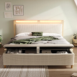 Acheter STILVORA Lit double 140/200 cm beige en bois et velours côtelé avec LED et banc coffre