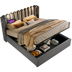 STILVORA Lit double 140/200 cm gris en velours avec rangement USB et liseuse