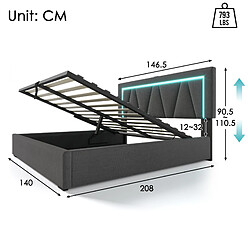 Acheter STILVORA Lit double 140/200 cm gris en lin avec LED USB et rangement
