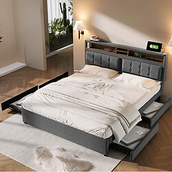 Avis STILVORA Lit double 140/200 cm gris en lin avec tête réglable et 4 tiroirs