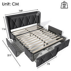 Acheter STILVORA Lit double 140/200 cm gris en lin avec USB prises et 4 tiroirs