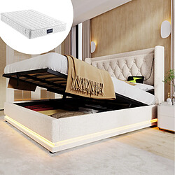 Avis STILVORA Lit double 140/200 cm beige en coton avec rangement LED et USB-C