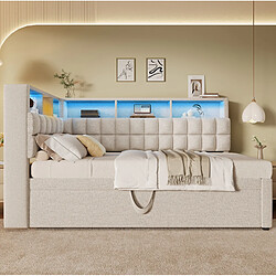 Acheter STILVORA Lit banquette 90/200 cm beige en lin avec lit gigogne LED et Bluetooth