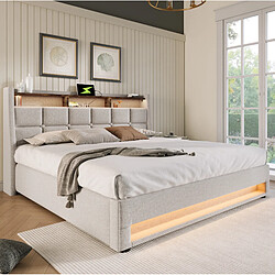 Acheter STILVORA Lit rembourré 180/200 cm beige en lin avec LED USB et rangement