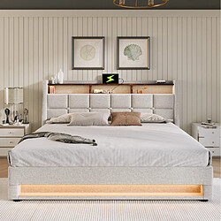 Avis STILVORA Lit rembourré 180/200 cm beige en lin avec LED USB et rangement