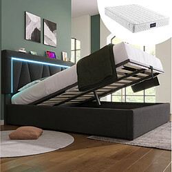 Avis STILVORA Lit double 140/200 cm gris en lin avec LED USB et rangement