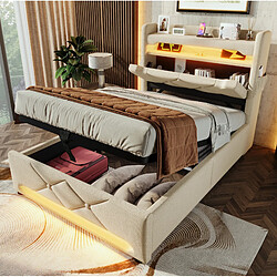 STILVORA Lit simple 90/200 cm beige en lin avec LED 360° et rangement pas cher