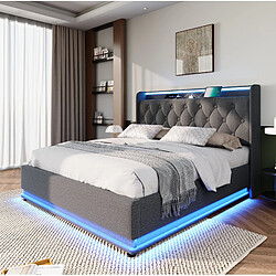 Avis STILVORA Lit double 140/200 cm gris en lin avec LED 360° rangement et matelas