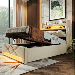 Acheter STILVORA Lit simple 90/200 cm beige en lin avec LED 360° et rangement