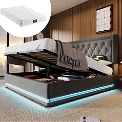 Avis STILVORA Lit double 140/200 cm gris en coton avec LED USB-C et rangement