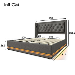 Acheter STILVORA Lit double 140/200 cm gris en coton avec LED USB-C et rangement