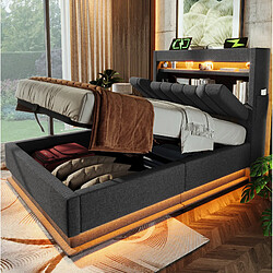 STILVORA Lit simple 90/200 cm gris en lin avec LED et rangement hydraulique pas cher