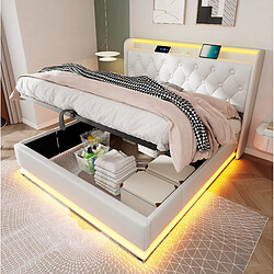 Avis STILVORA Lit double 160/200 cm blanc en PU avec LED 360° et rangement hydraulique