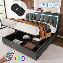 STILVORA Lit double 140/200 cm gris en lin avec LED USB et rangement pas cher