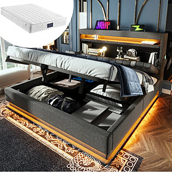 Avis STILVORA Lit double 140/200 cm gris en lin avec LED rangements et matelas