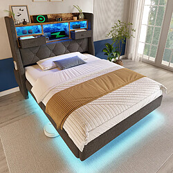 Avis STILVORA Lit simple 90/200 cm gris en lin avec LED tête de lit de rangement