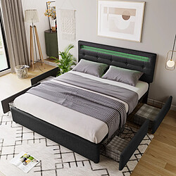 Avis STILVORA Lit double 140/200 cm noir en lin avec LED tête réglable et 4 tiroirs