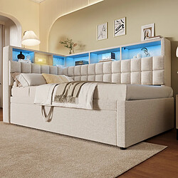 Avis STILVORA Lit banquette 90/200 cm beige en lin avec lit gigogne LED et Bluetooth