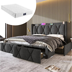 Avis STILVORA Lit double 140/200 cm gris en lin avec USB prises et 4 tiroirs