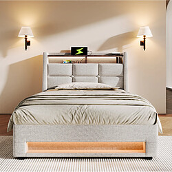 Acheter STILVORA Lit rembourré 90/200 cm beige en lin avec LED USB et matelas