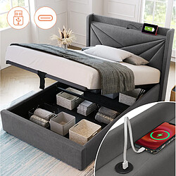 STILVORA Lit simple 90/200 cm gris en lin de coton avec rangement USB et Type-C pas cher