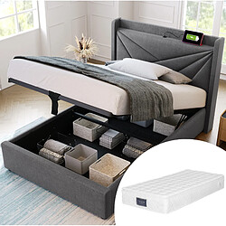 Avis STILVORA Lit simple 90/200 cm gris en lin de coton avec rangement USB et Type-C