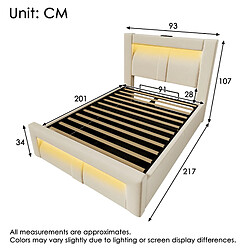 Avis modfu Lit coffre 90x200 cm, avec LED et ports USB et Type-C, en velours, beige, matelas inclus