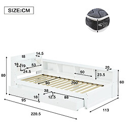 STILVORA Lit simple 90/200 cm blanc en bois massif et MDF avec rangements et éclairage pas cher