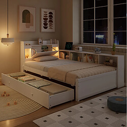 Acheter STILVORA Lit simple 90/200 cm blanc en bois massif et MDF avec rangements et éclairage