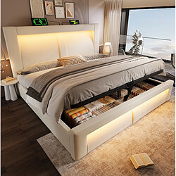 modfu Lit coffre 160x200 cm, avec LED et ports USB et Type-C, en velours, beige, sans matelas - Lit coffre 160x200 cm - Avec tête de lit avec LED, USB et Type C - En velours - Beige - Sans matelas