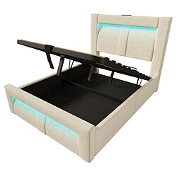 modfu Lit coffre 90x200 cm, avec LED et ports USB et Type-C, en velours, beige, sans matelas pas cher