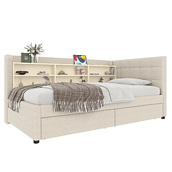 Acheter STILVORA Lit de jour 90/200 cm beige en lin avec 2 tiroirs USB Type-C et rangements