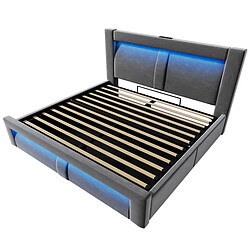 modfu Lit coffre 140x200 cm avec LED et ports USB et Type-C, en velours, gris, matelas inclus pas cher