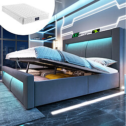 modfu Lit coffre 160x200 cm avec LED et ports USB et Type-C, en velours, gris, matelas inclus - Lit coffre 160x200 cm - Avec tête de lit avec LED, USB et Type C - En velours - Gris - Matelas inclus
