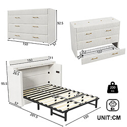 Acheter STILVORA Lit escamotable 140/200 cm beige en lin avec tiroir et ports USB Type-C