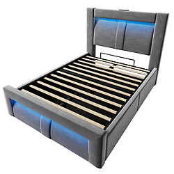 Acheter modfu Lit coffre 90x200 cm, avec LED et ports USB et Type-C, en velours, gris, matelas inclus