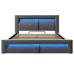 modfu Lit coffre 160x200 cm, avec LED et ports USB et Type-C, en velours, gris, sans matelas pas cher