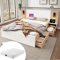 Avis STILVORA Lit double 140/200 cm blanc/chêne clair en bois massif et MDF avec USB