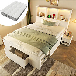 Avis STILVORA Lit simple avec matelas 90/200 cm blanc en bois avec LED et table de chevet mobile