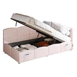 modfu Lit coffre 90x200 cm avec poche de rangement, en velours, rose, sans matelas pas cher