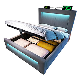 Acheter modfu Lit coffre 90x200 cm avec LED et ports USB et Type-C, en velours, gris, sans matelas